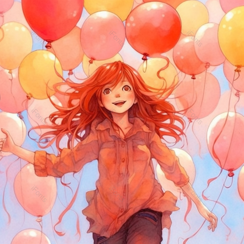 红色头发跑来一个女孩小孩欢乐气球飘起来纯洁可爱插画,插画/手绘图,插画/手绘图库,插画/手绘图下载,插画/手绘